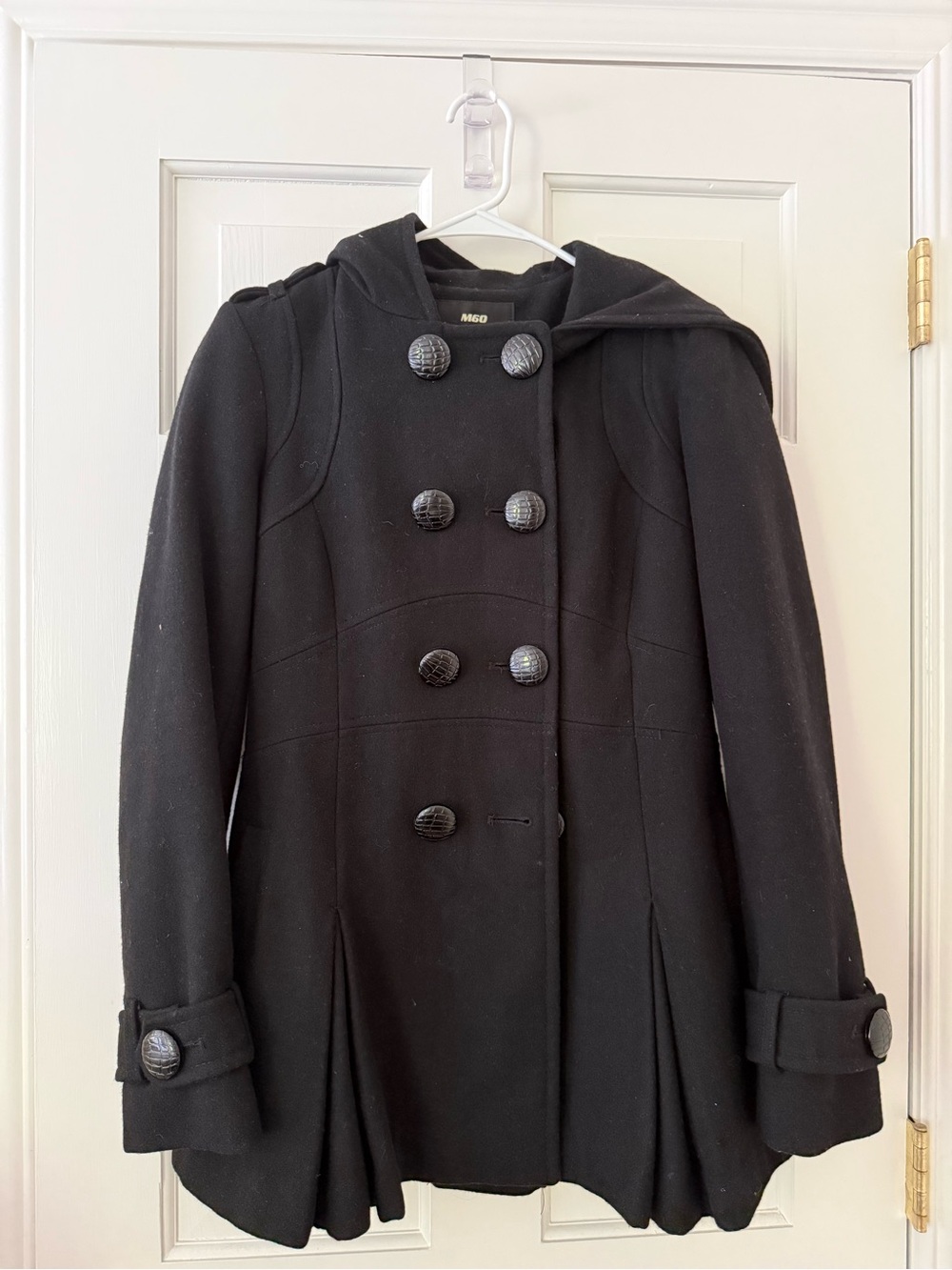 Miss Sixty Women's Black Double Breasted Wool Blend Hooded Peplum Coat, Size S